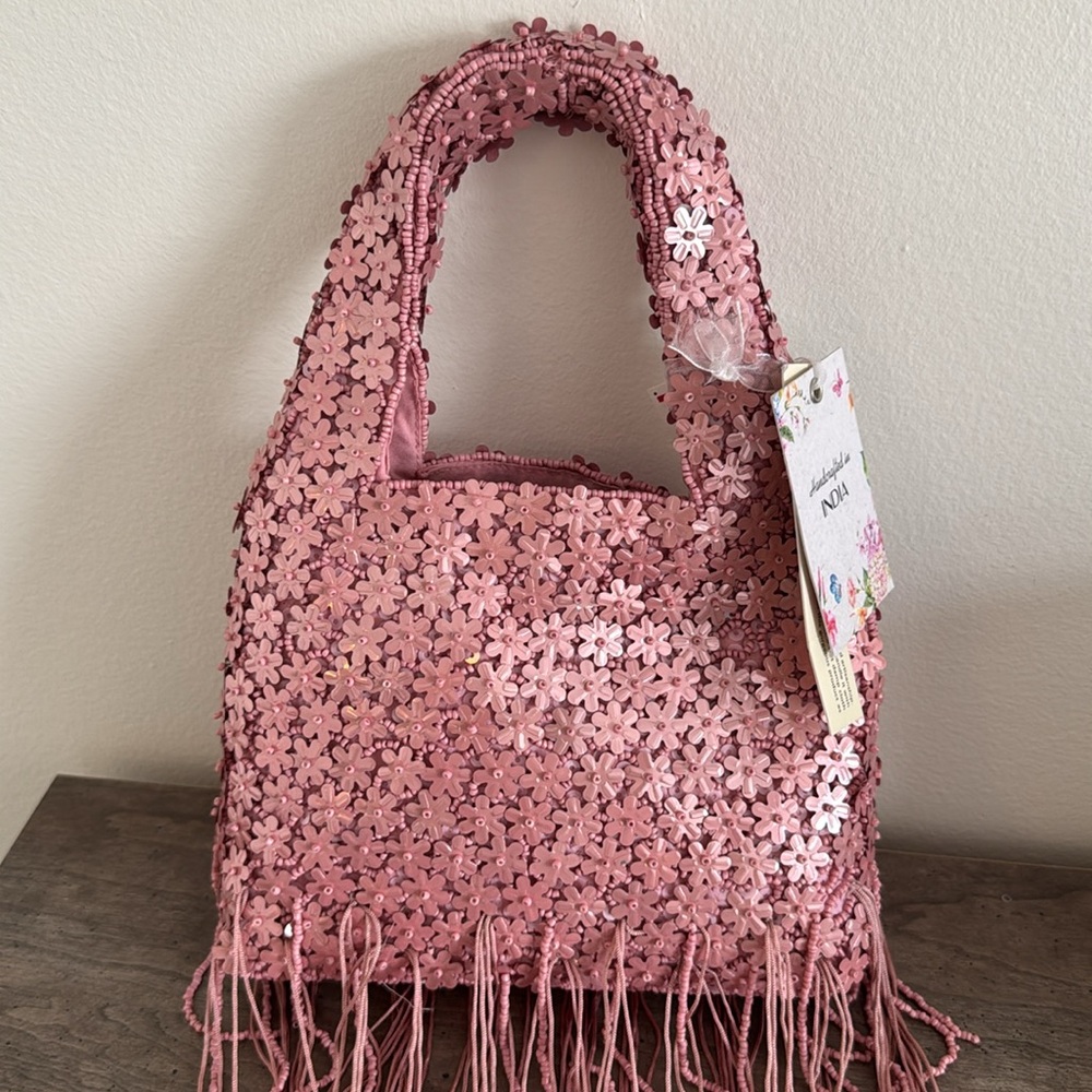 Handcrafted Beaded pink flower Fringe bag Made in India TikTok viral purse